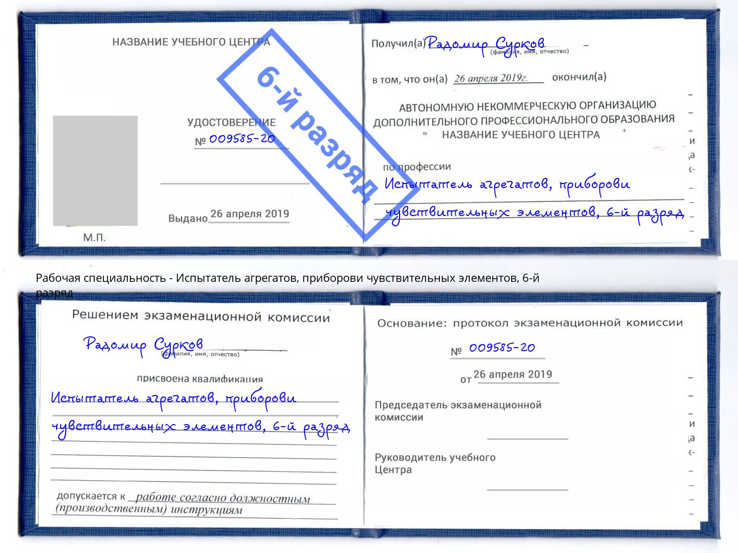 корочка 6-й разряд Испытатель агрегатов, приборови чувствительных элементов Кушва