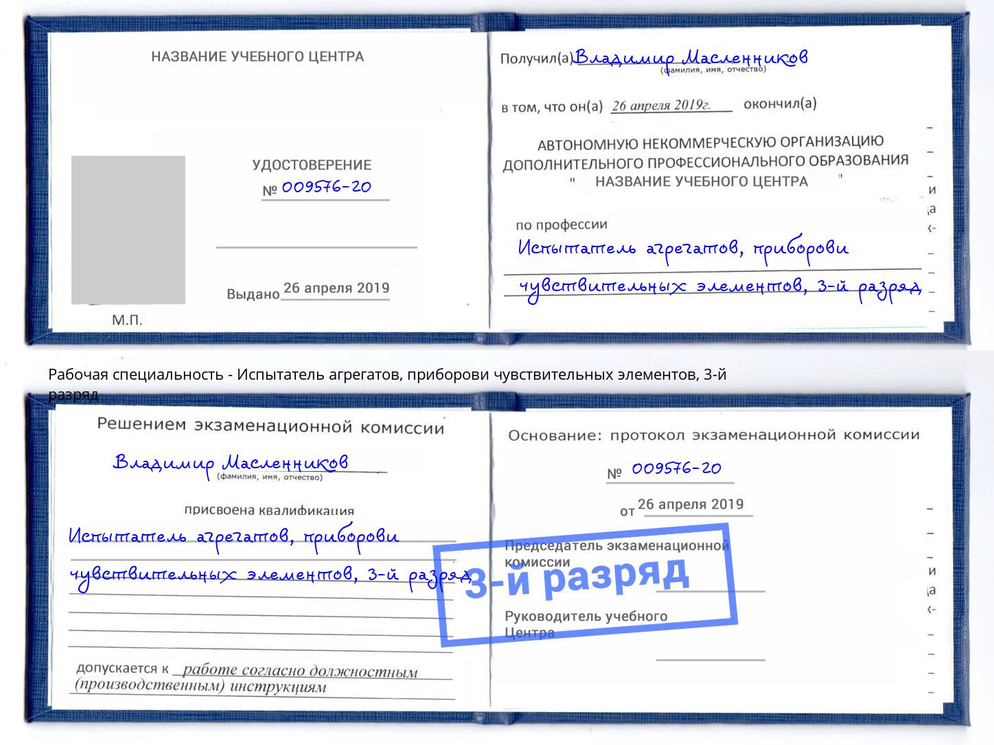 корочка 3-й разряд Испытатель агрегатов, приборови чувствительных элементов Кушва