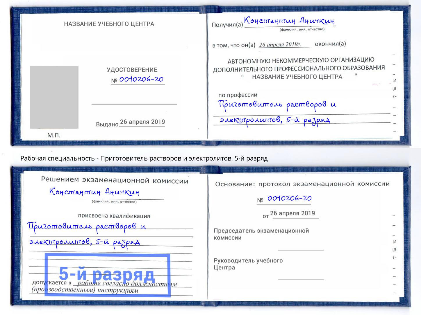 корочка 5-й разряд Приготовитель растворов и электролитов Кушва