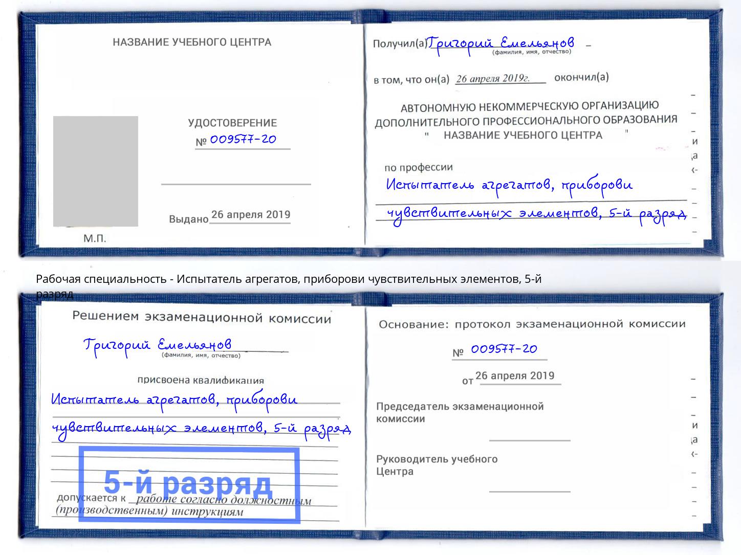 корочка 5-й разряд Испытатель агрегатов, приборови чувствительных элементов Кушва
