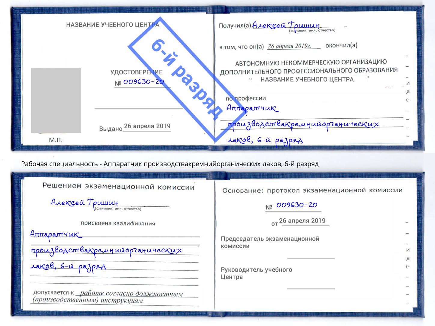 корочка 6-й разряд Аппаратчик производствакремнийорганических лаков Кушва