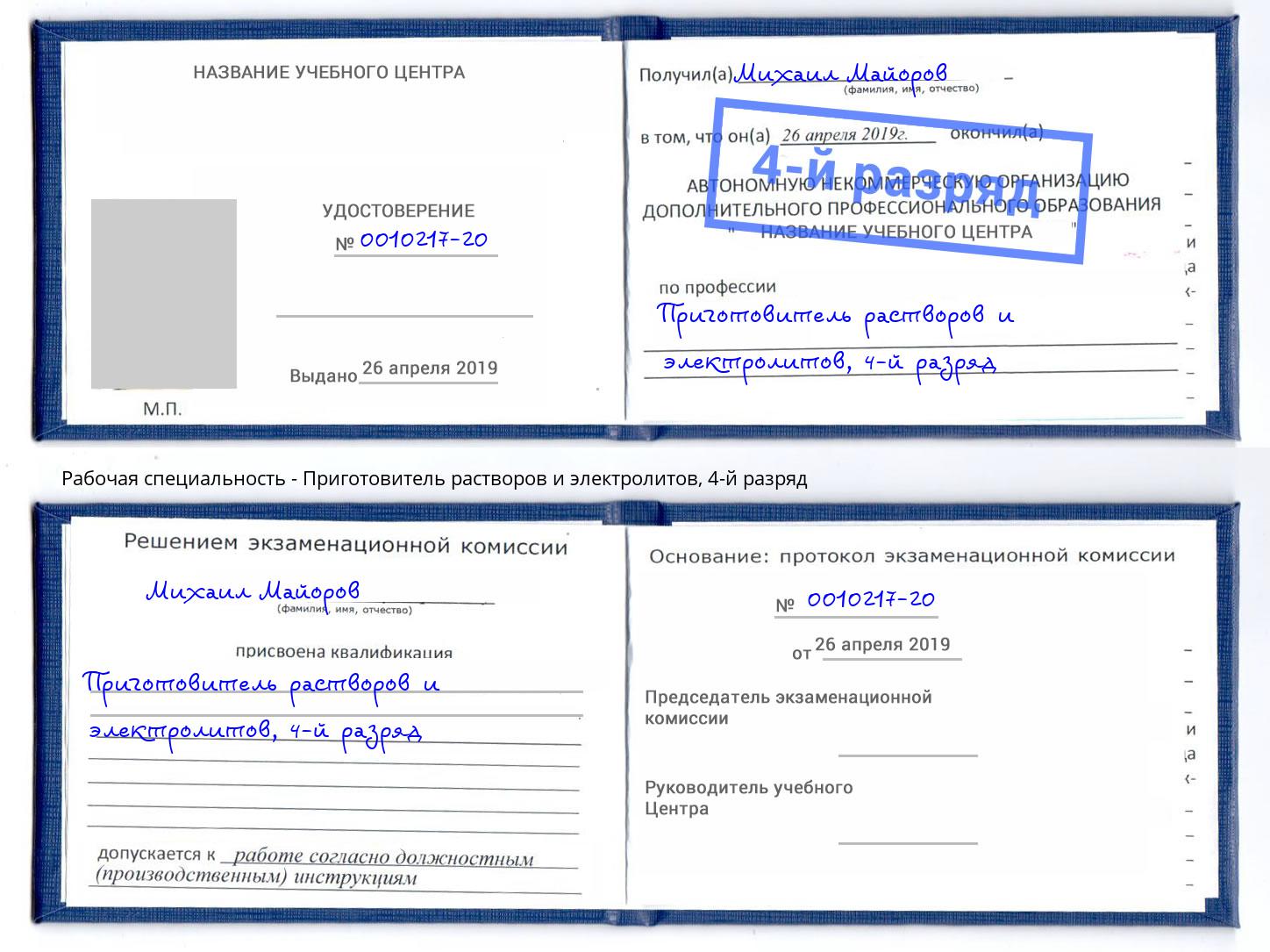 корочка 4-й разряд Приготовитель растворов и электролитов Кушва