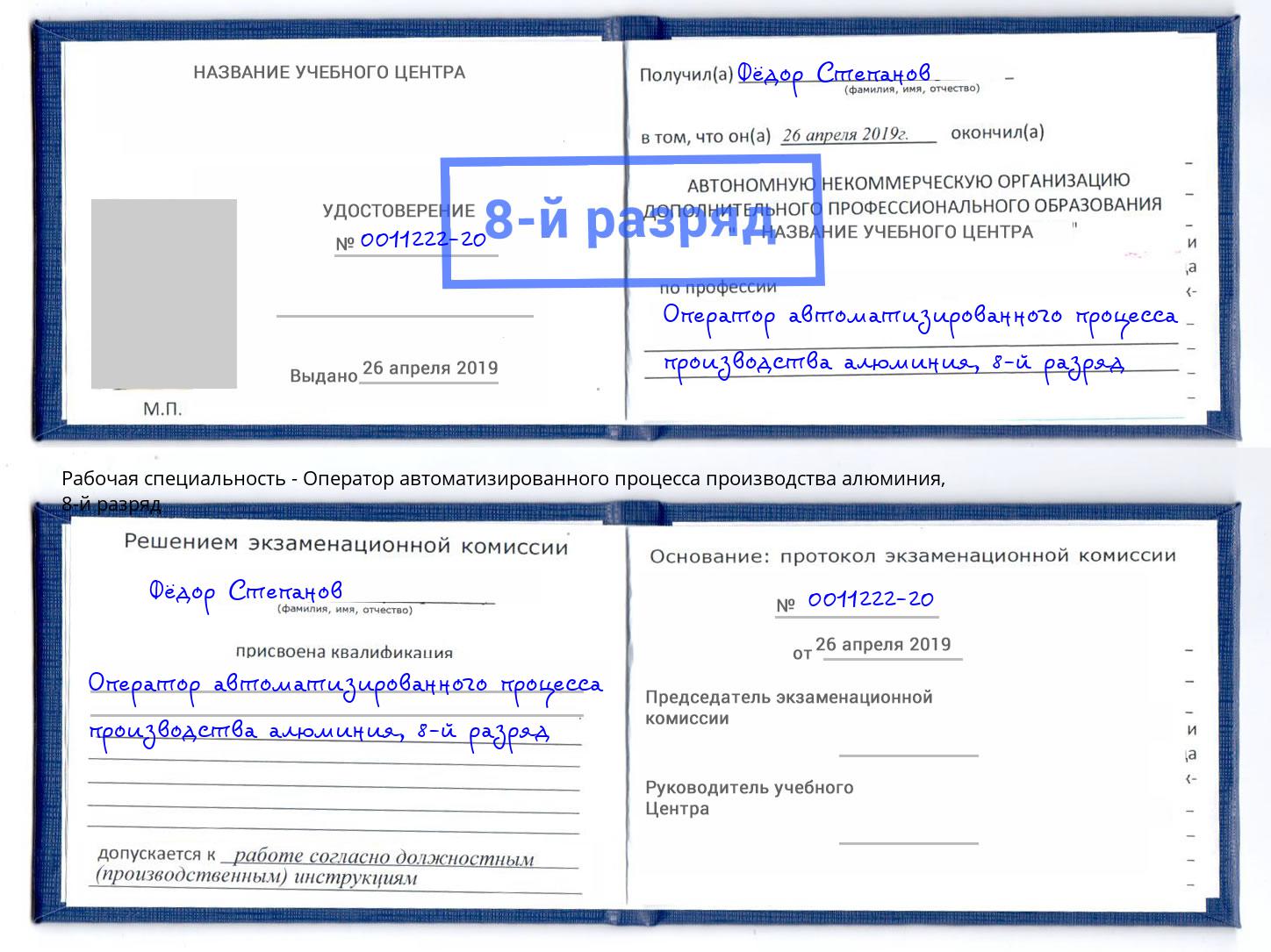 корочка 8-й разряд Оператор автоматизированного процесса производства алюминия Кушва