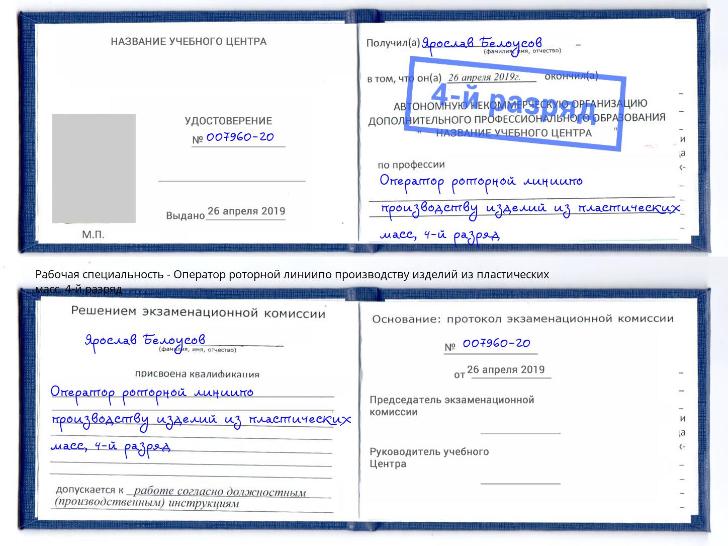 корочка 4-й разряд Оператор роторной линиипо производству изделий из пластических масс Кушва