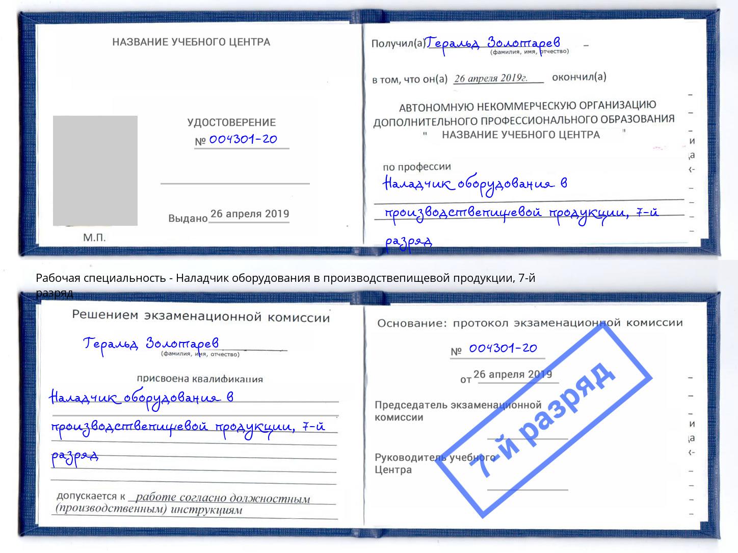 корочка 7-й разряд Наладчик оборудования в производствепищевой продукции Кушва