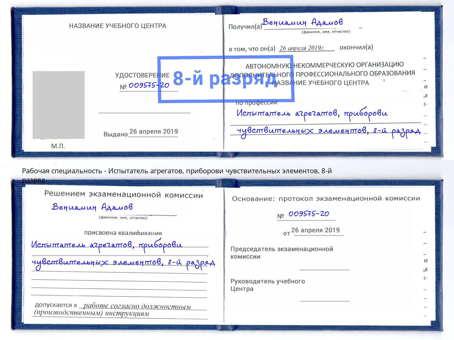 корочка 8-й разряд Испытатель агрегатов, приборови чувствительных элементов Кушва